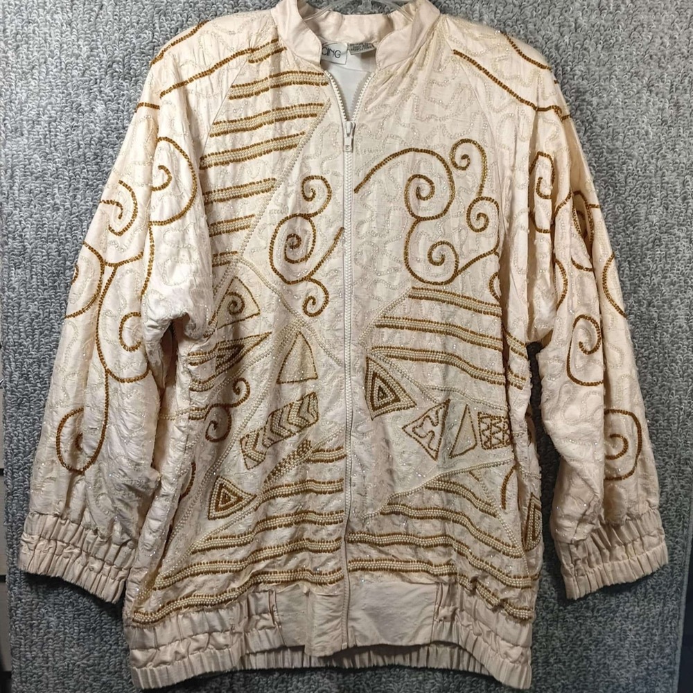 The Icing - Silk Beaded Jacket Vintage Bomber Embellish - Cream Gold -Womens Med